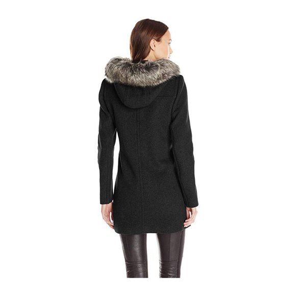 BCBG Black Hooded Wool Coat XS Detachable Realistic Faux Fur - Picture 13 of 14